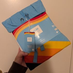 Aldi Gear Hoodie Small Blue Pullover Graphic Sweatshirt Cozy Soft Rainbow NEW